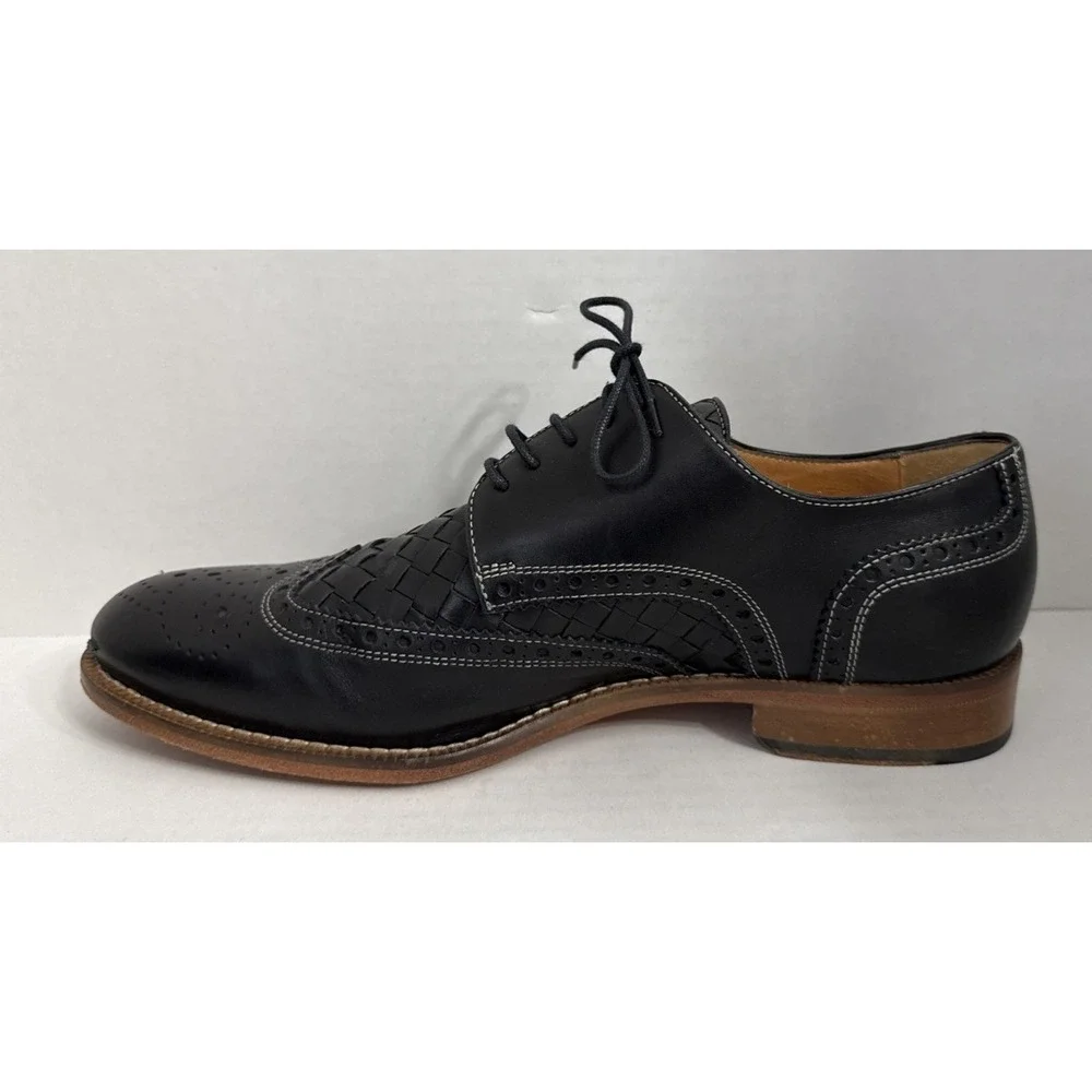 Paul Frederick Men's Wing Tip Black Leather Shoes Size 9.5 M Made in Italy Weave